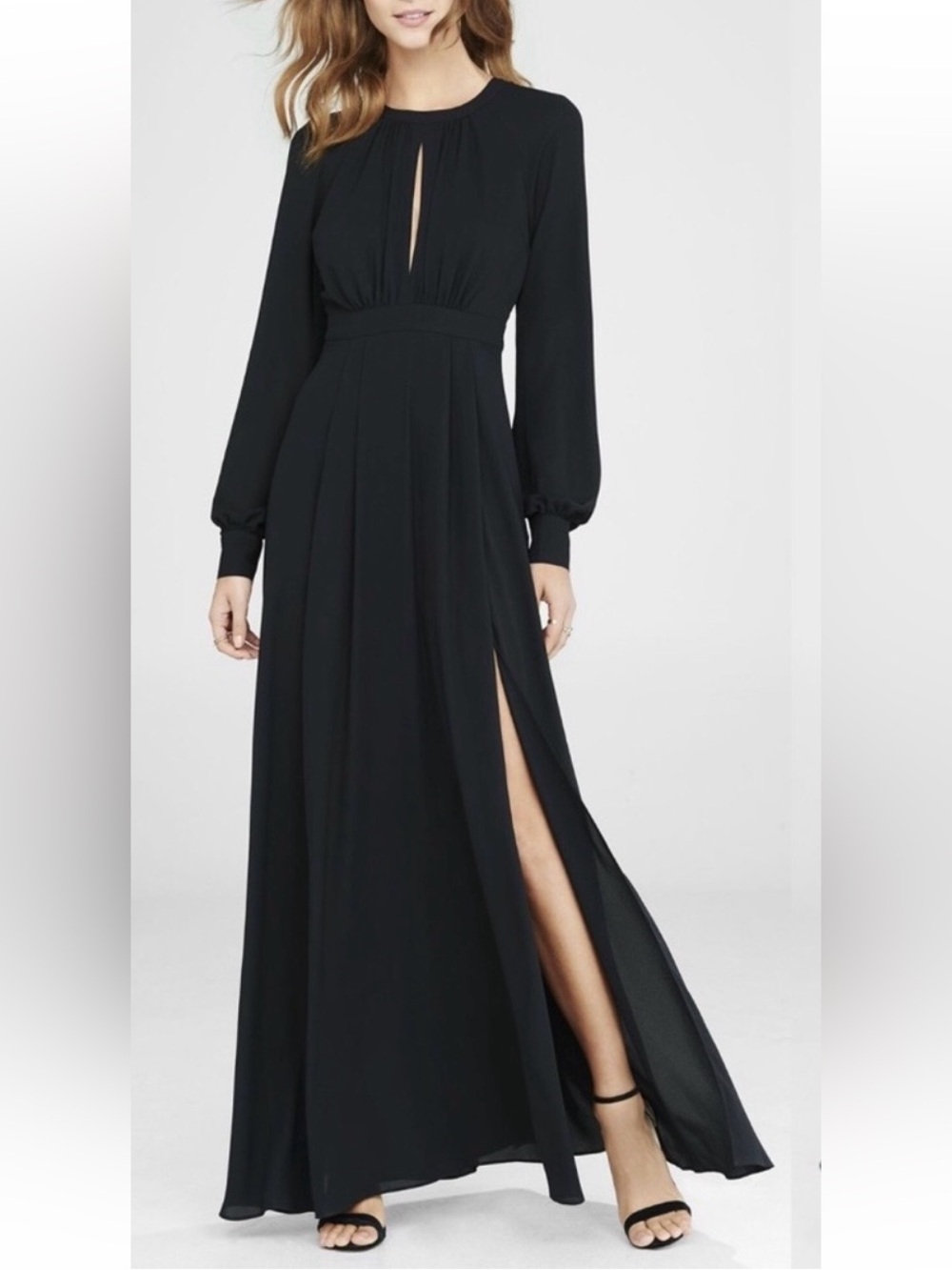 New Express Black Long-Sleeve Maxi Dress with Side Slit